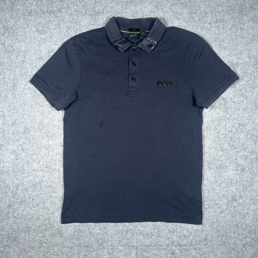 Hugo Boss Polo Shirt Men's Size Medium Navy Blue Collared Patch Work Slim Fit
